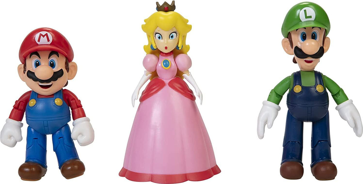 Figuras de Mario, Princesa Peach y Luigi fuera de la caja
