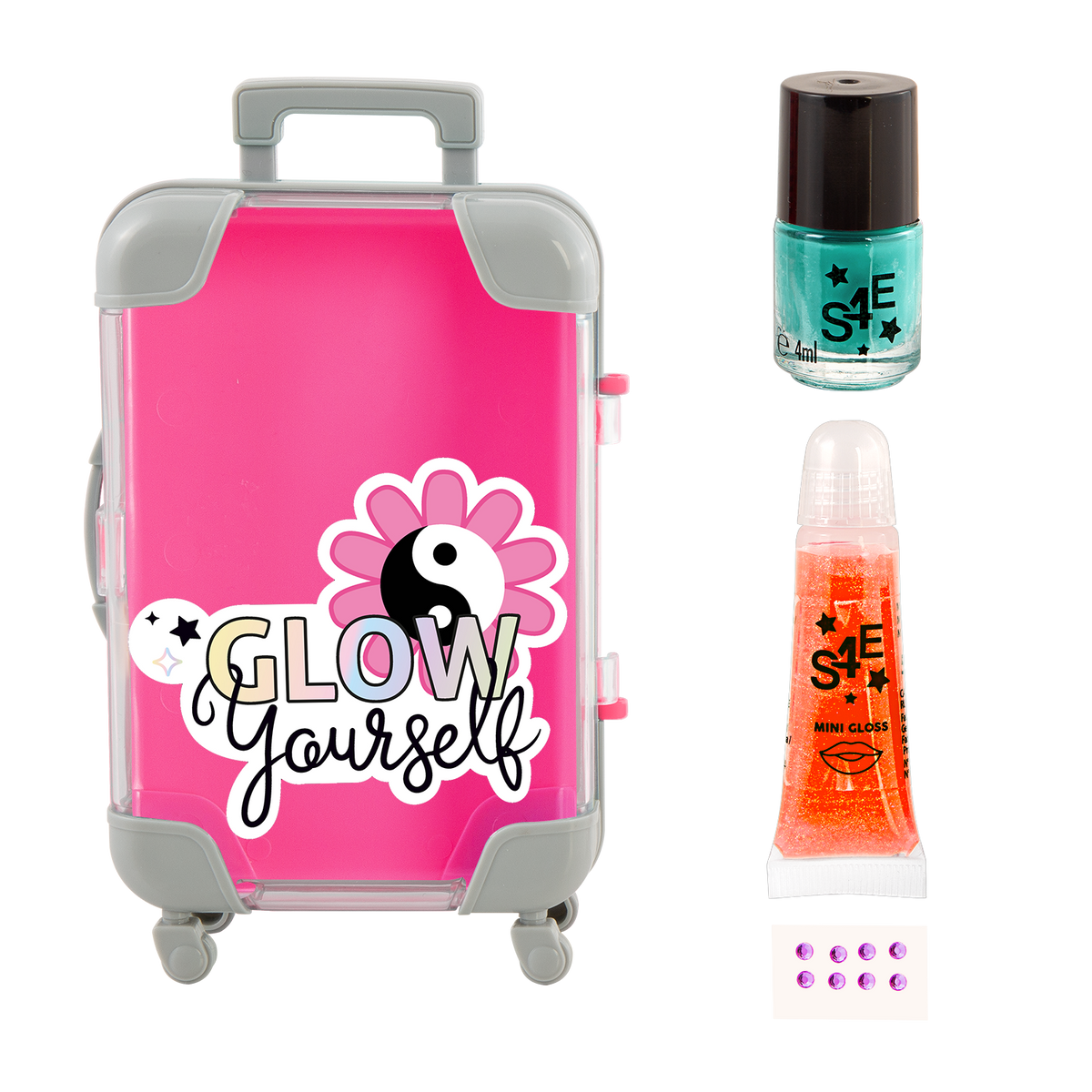 Contenido de la maleta rosada: esmalte, brillo labial y gemas