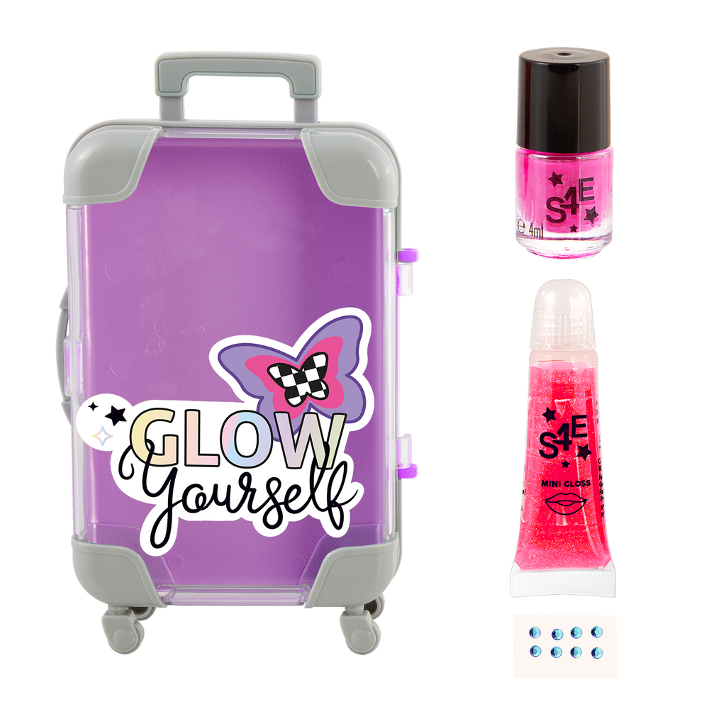 Versión violeta de la mini maleta con esmalte, brillo y gemas