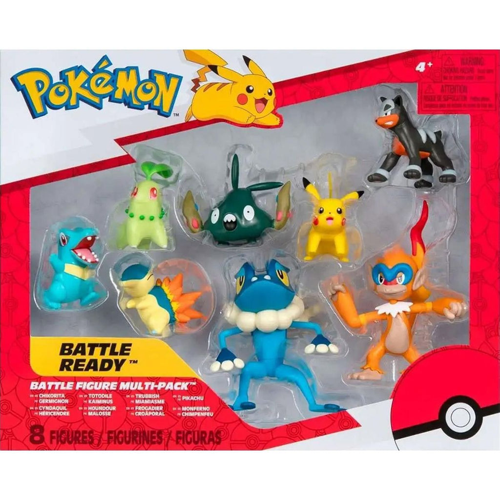 Pack de 8 figuras Pokémon Battle Ready en su caja con Pikachu, Frogadier y Monferno