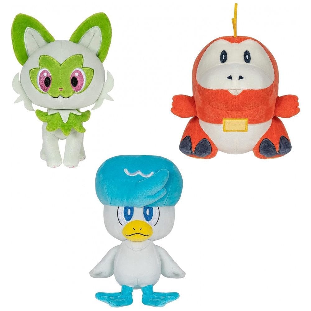 Peluches Pokémon de Sprigatito, Fuecoco y Quaxly, iniciales de Paldea