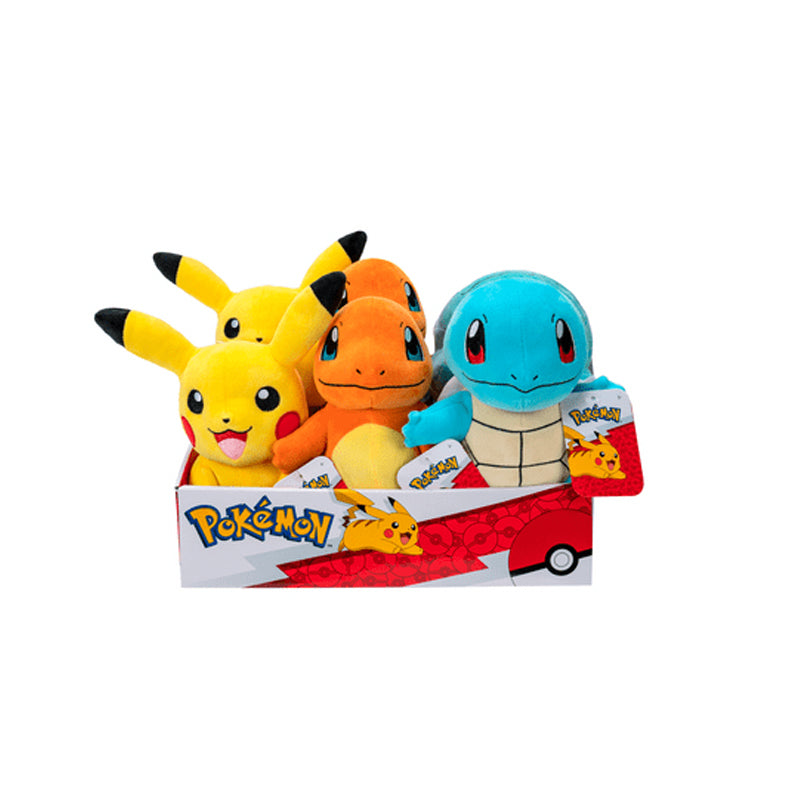 Display de peluches Pokémon de 20 cm con Pikachu, Charmander y Squirtle