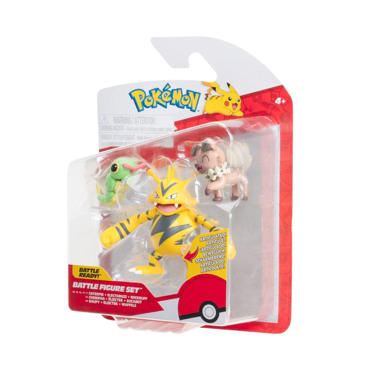 Empaque blíster Pokémon Battle Figure Set con Caterpie, Electabuzz y Rockruff de Jazwares