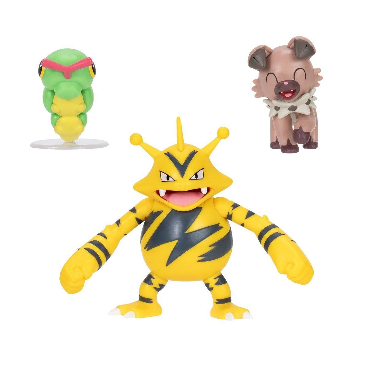 Figuras Pokémon Caterpie, Electabuzz y Rockruff fuera del empaque
