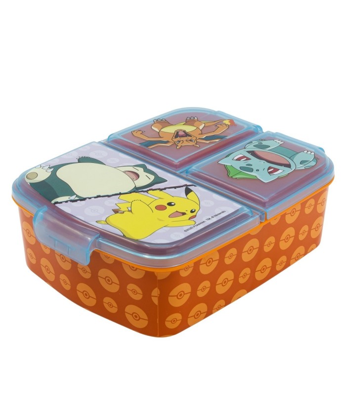 Sandwichera Pokémon naranja con tapas de Pikachu, Snorlax, Charizard y Bulbasaur