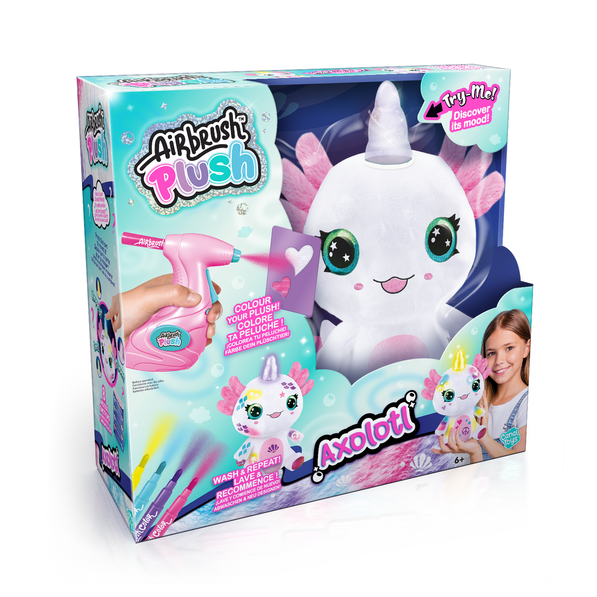 Caja Airbrush Plush Axolotl de Canal Toys con peluche ajolote blanco y cuerno