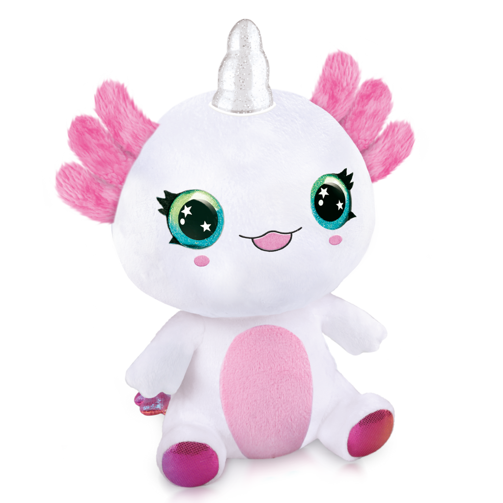 Peluche ajolote blanco con orejas rosadas y cuerno plateado