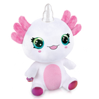Peluche ajolote blanco con orejas rosadas y cuerno plateado