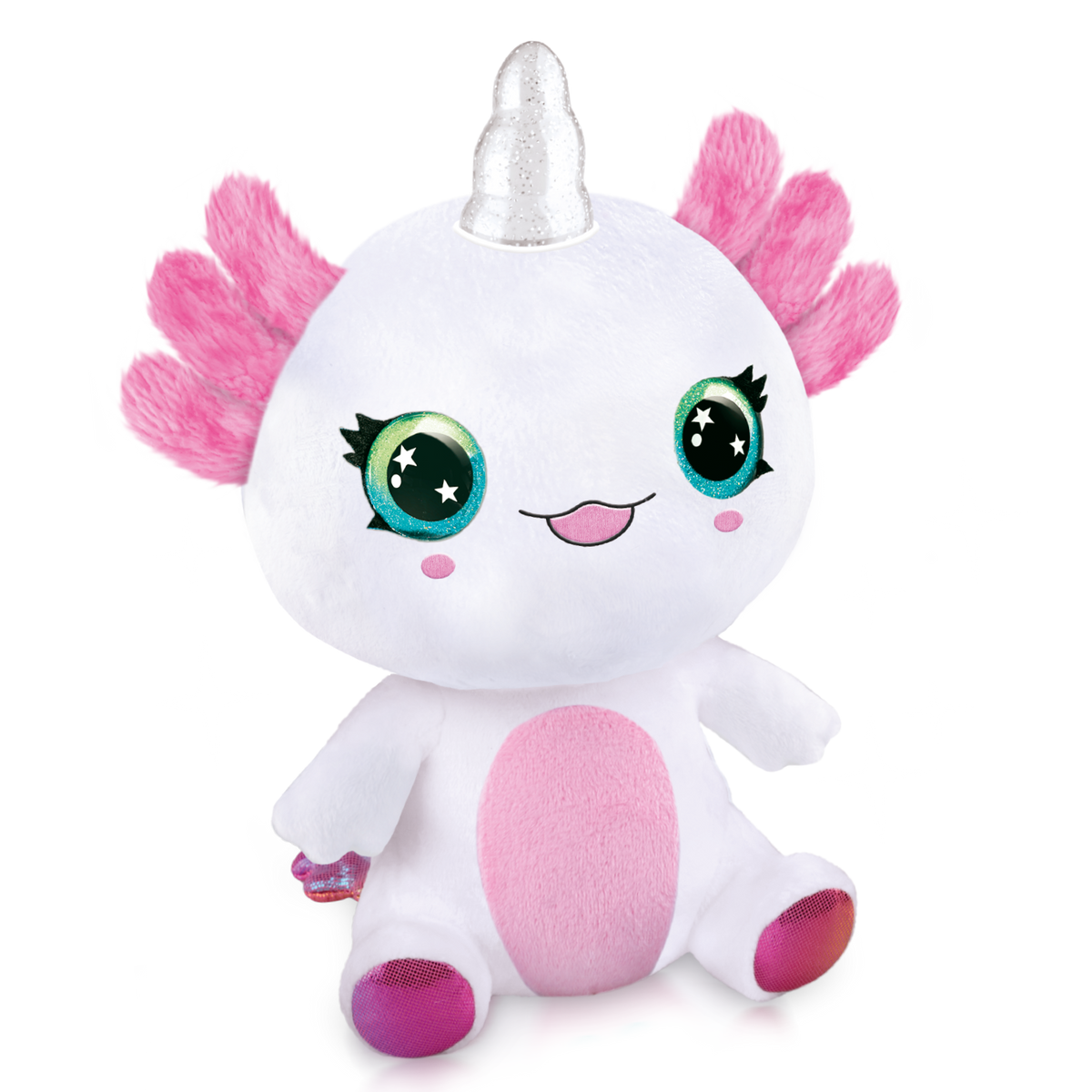 Peluche ajolote blanco con orejas rosadas y cuerno plateado