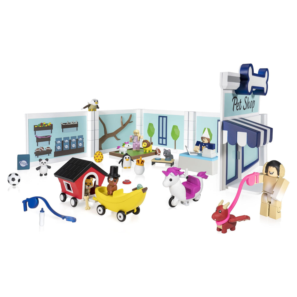 Pet Shop de Adopt Me armada con figuras Roblox, mascotas y auto banana