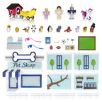Todas las piezas del set: figuras, mascotas, paneles de la tienda y accesorios