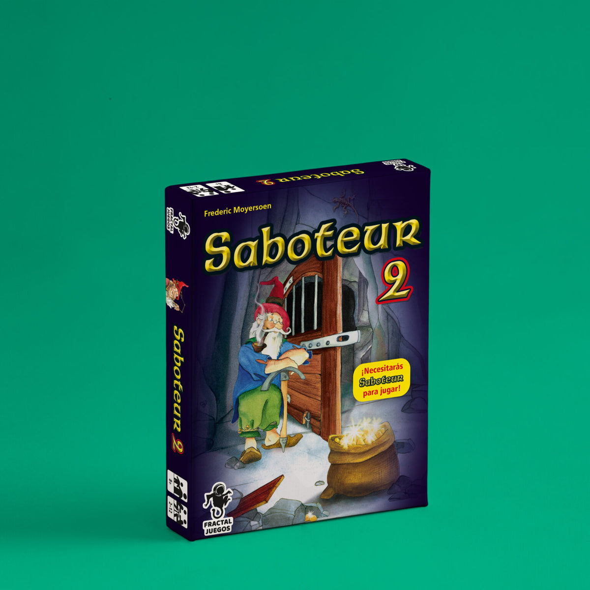 Caja de Saboteur 2 de Fractal Juegos con enano minero junto a una puerta y saco de oro