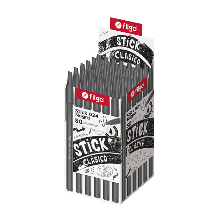 Caja exhibidora Filgo Stick Clásico 024 negro con 50 bolígrafos