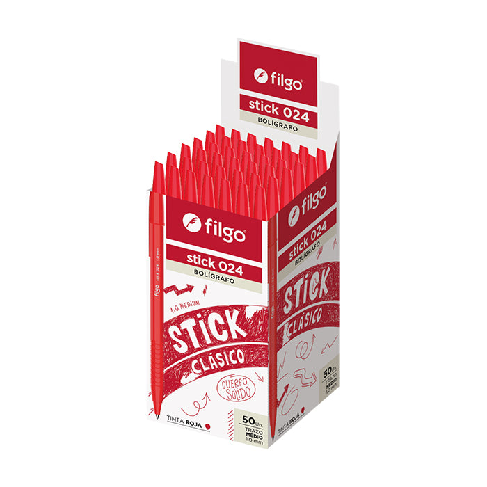 Caja exhibidora Filgo Stick Clásico con 50 bolígrafos de tinta roja