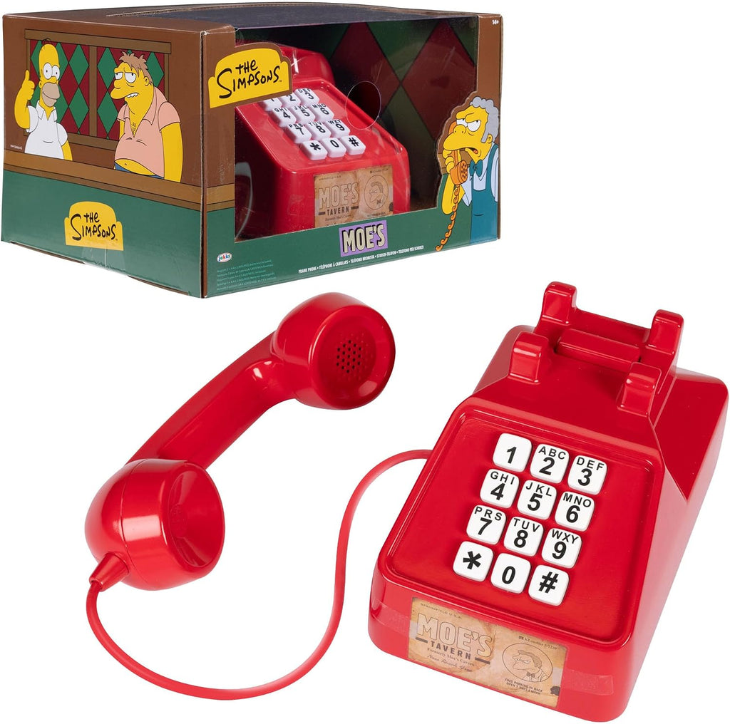 Teléfono de bromas rojo de Moe de Los Simpson junto a su caja con Homero y Moe