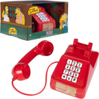 Teléfono de bromas rojo de Moe de Los Simpson junto a su caja con Homero y Moe