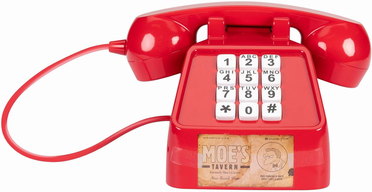 Teléfono rojo de la taberna de Moe con teclado blanco y auricular con cable
