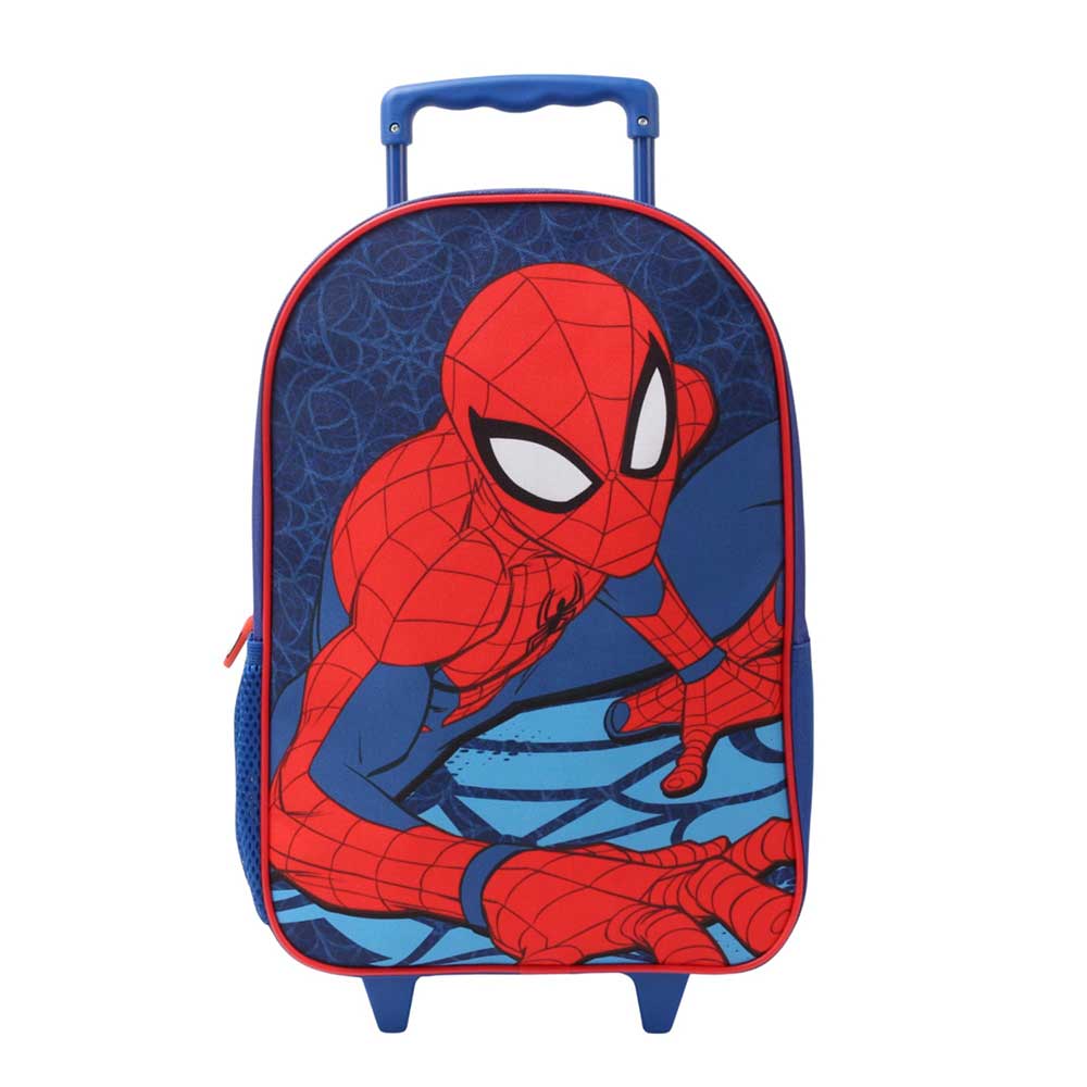 Mochila con ruedas Spider-Man azul y roja, vista frontal con manilla extendida
