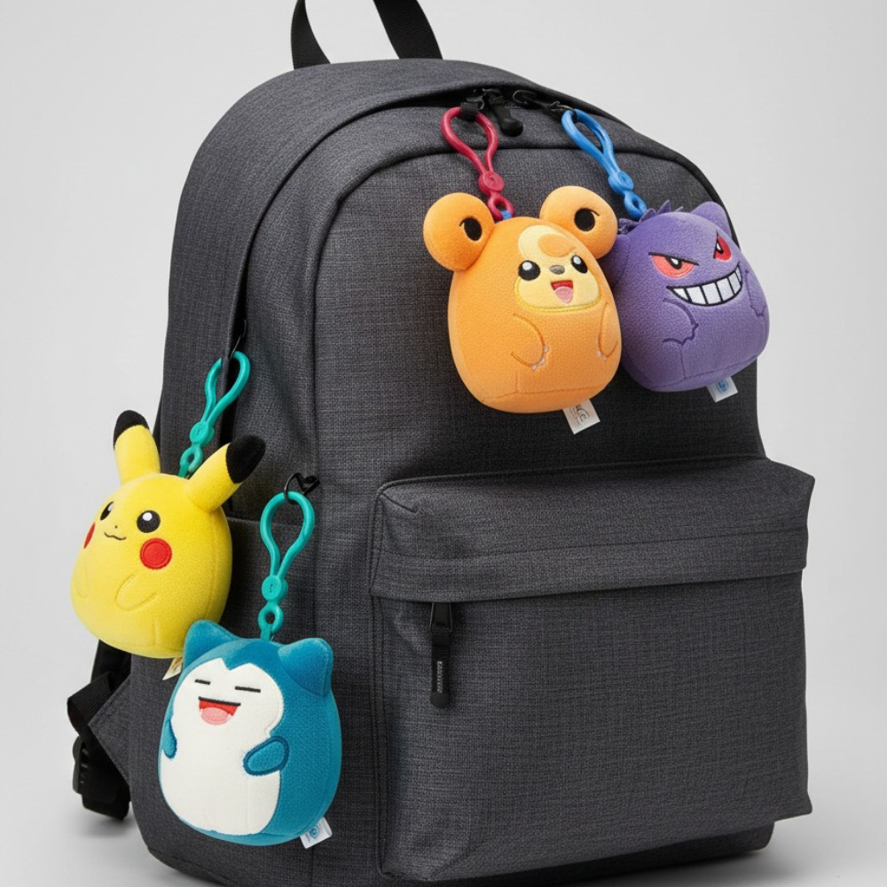 Peluches Pokémon Squishmallows con clip colgados en una mochila gris