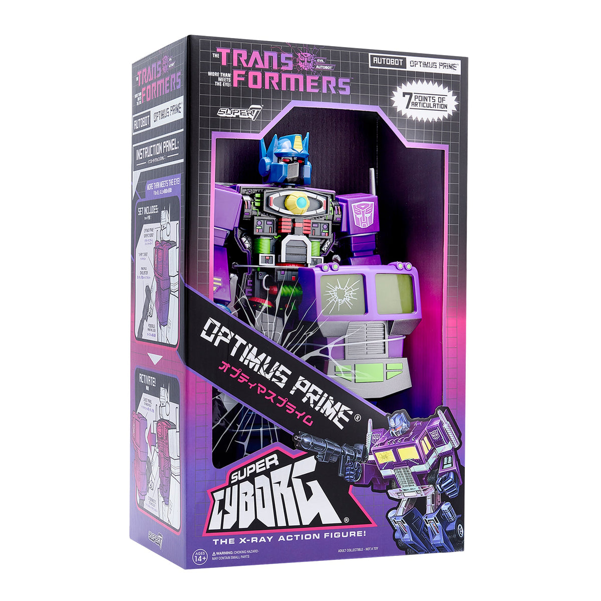 Caja de la figura Super Cyborg Optimus Prime Shattered Glass de Super7