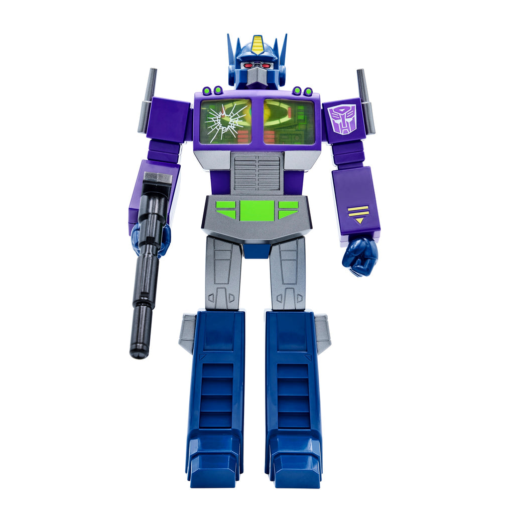 Optimus Prime Shattered Glass morado de frente con bláster de iones