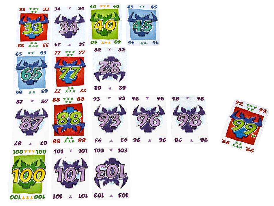 Filas de cartas numeradas de ¡Toma 6! con cabezas de toro de distintos colores