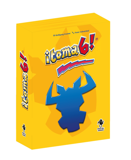 Caja amarilla del juego ¡Toma 6! de Fractal Juegos con cabeza de toro azul