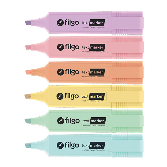 Seis destacadores Filgo Text Marker pastel: lila, rosado, durazno, amarillo, verde y celeste