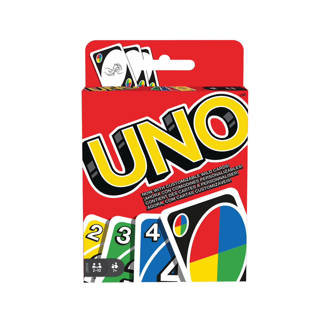 Caja del juego de cartas UNO clásico de Mattel con comodines personalizables