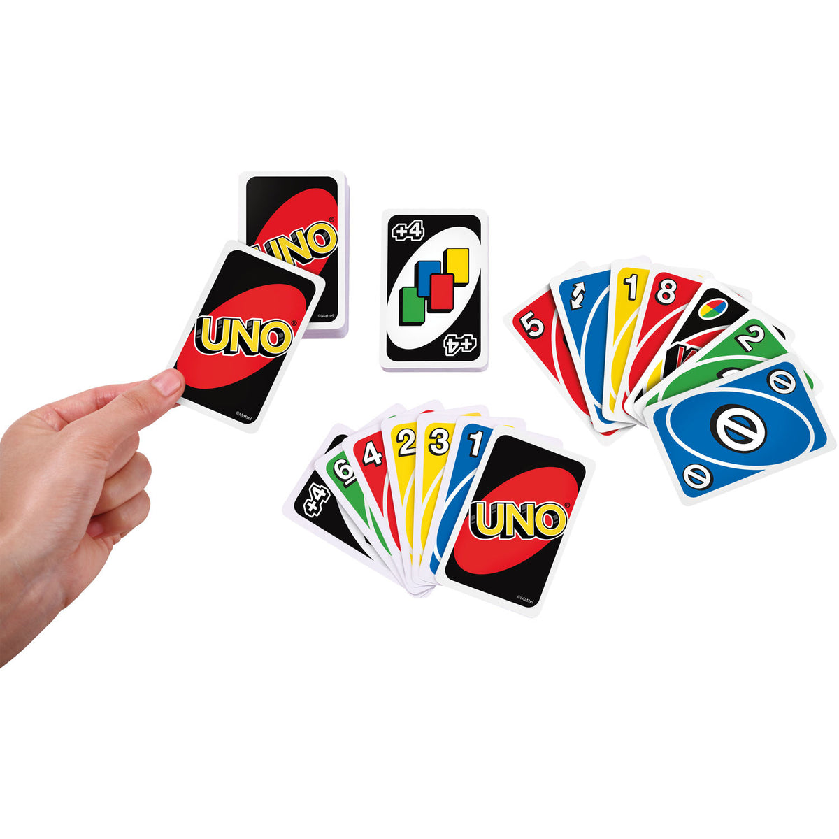 Cartas de UNO de colores, números y comodín Roba Cuatro sobre fondo blanco