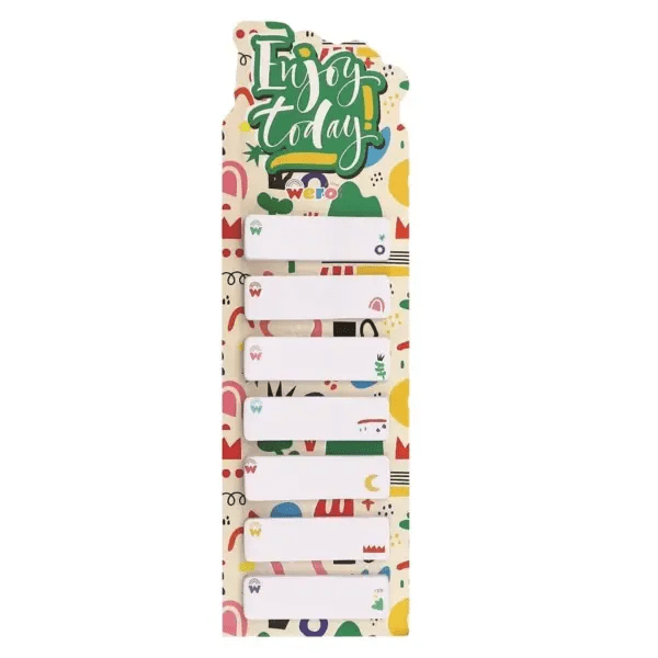 Notas señaladoras Wero diseño Enjoy today! con 7 bloques blancos sobre lámina ilustrada de colores
