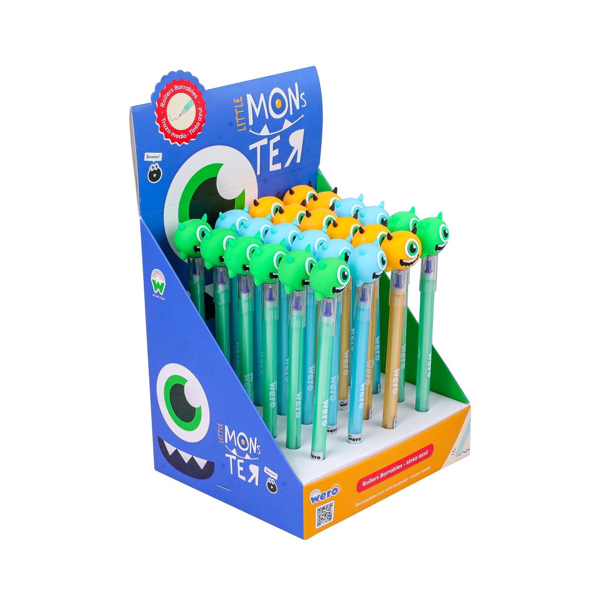 Exhibidor de lápices roller borrables Little Monster de Wero con figuras de monstruos verdes, celestes y naranjos