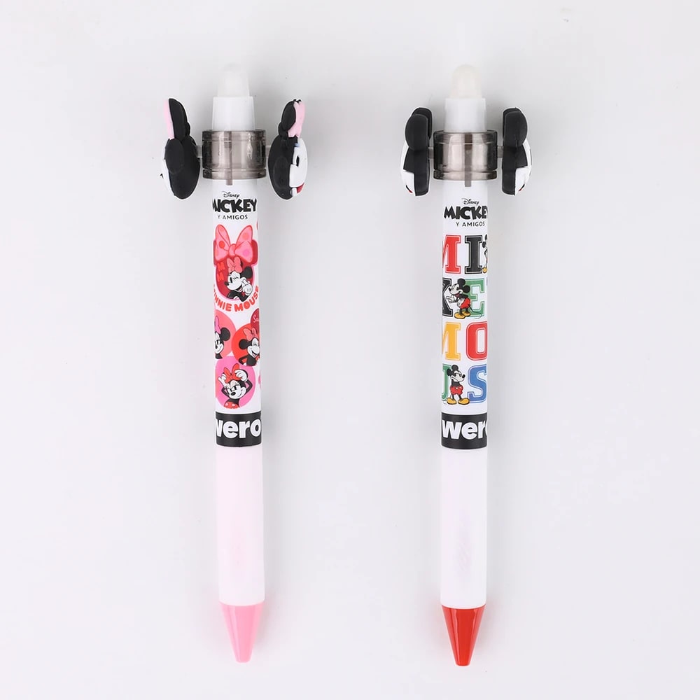 Dos bolígrafos roller borrables Wero, diseño Minnie Mouse rosado y Mickey Mouse con letras de colores