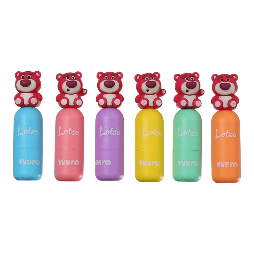 Seis mini destacadores Wero Lotso en celeste, rosado, lila, amarillo, verde y naranjo