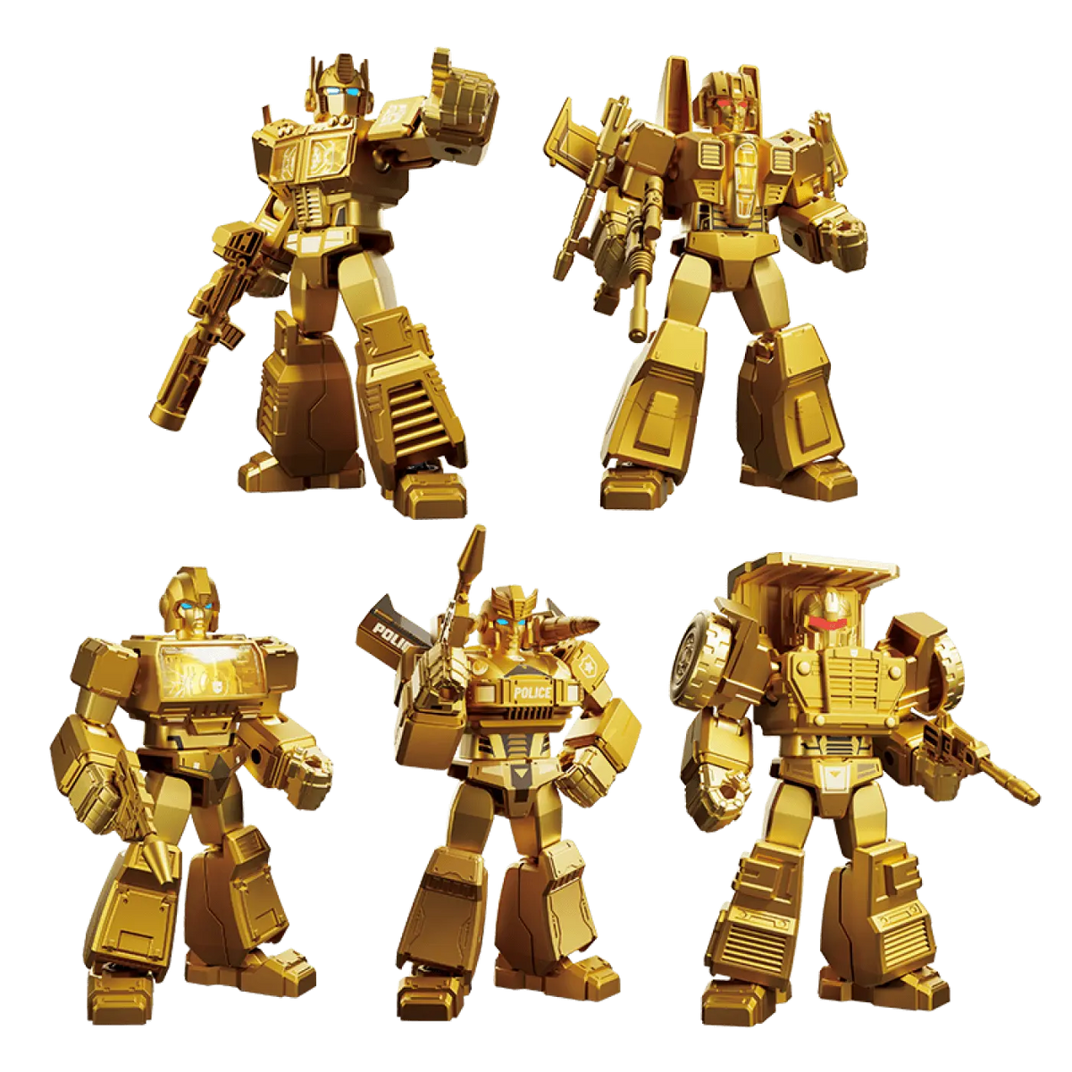 Cinco figuras Transformers Blokees doradas de la edición The Golden Lagoon