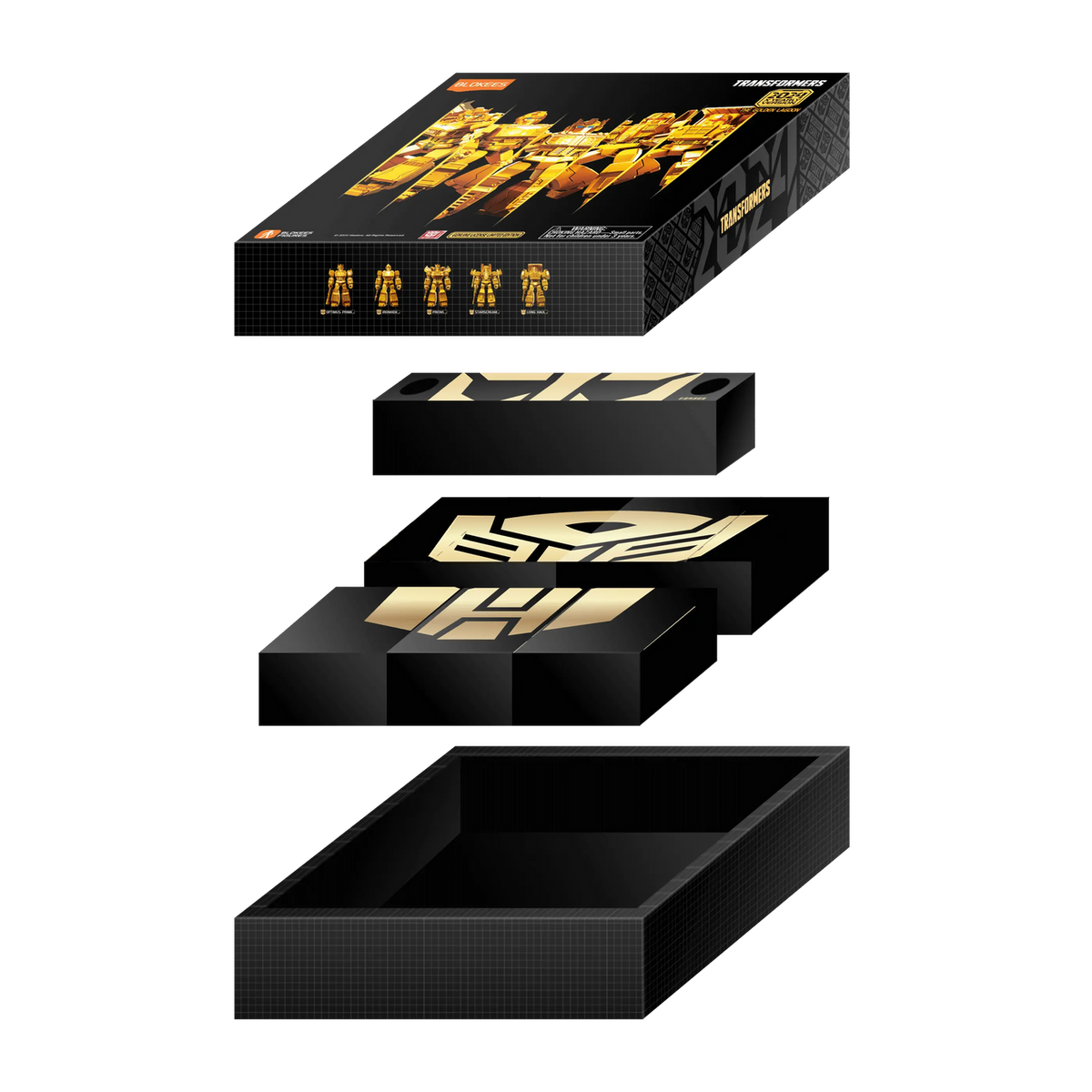 Caja negra con dorado de Blokees Transformers 2024 Yearly Version y sus bandejas
