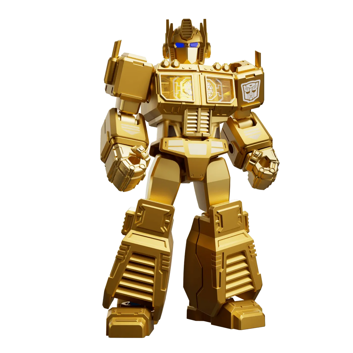 Figura dorada de Optimus Prime de Blokees con ojos azules iluminados