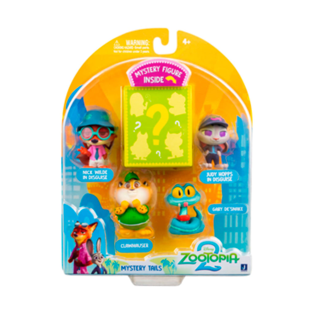 Empaque blíster Zootopia 2 Mystery Tails con 4 minifiguras y caja de figura misteriosa