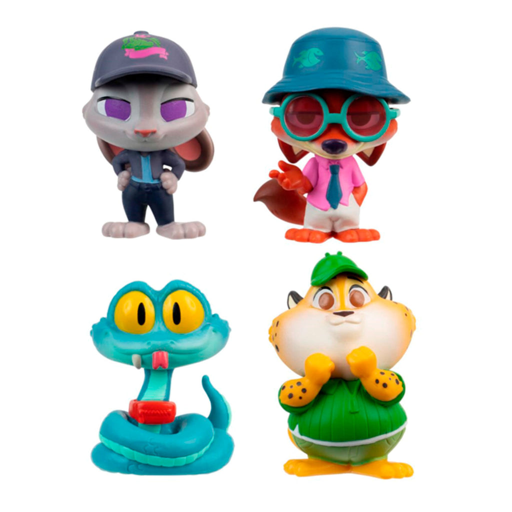Minifiguras de Judy Hopps, Nick Wilde disfrazado, Gary De'Snake y Clawhauser fuera del empaque