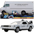 DeLorean escarchado escala 1:32 junto a su caja camión de Doc Brown