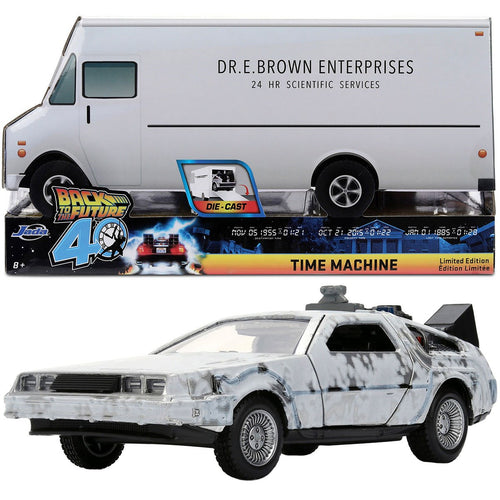 DeLorean escarchado escala 1:32 junto a su caja camión de Doc Brown