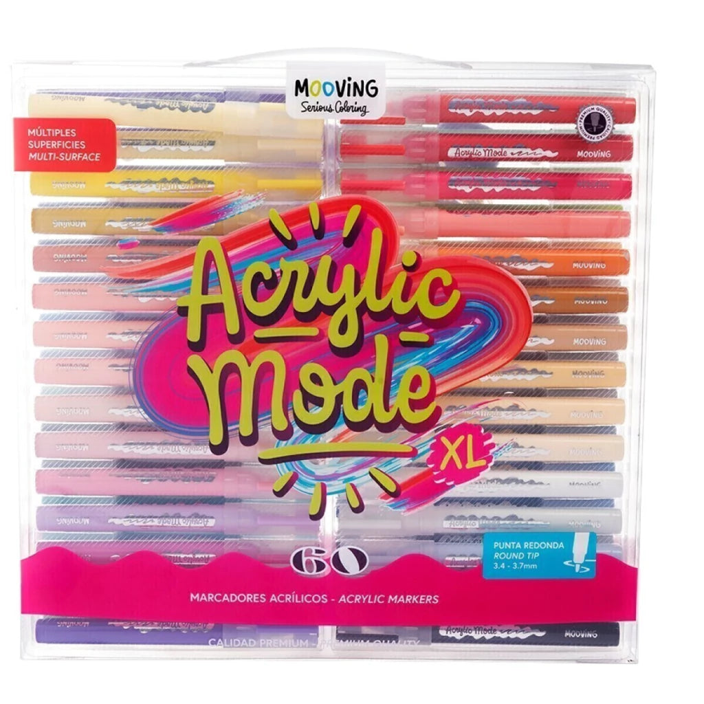 Set de 60 marcadores acrílicos Mooving en estuche transparente con manilla