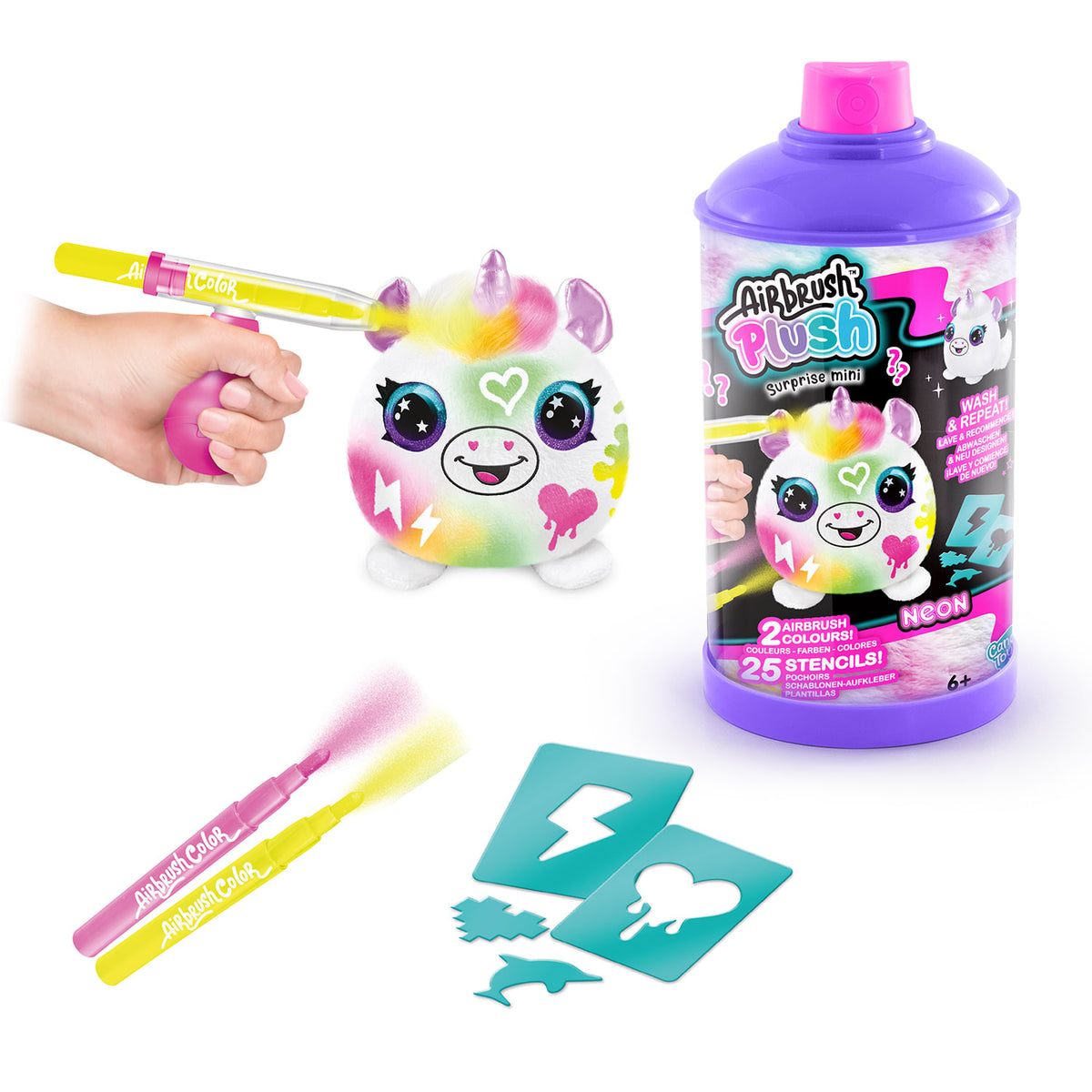 Mini peluches Airbrush Plush decorados con aerógrafo junto a sus tarros sorpresa y plantillas