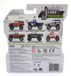 Reverso del empaque Just Trucks 1:64 con otra ola de modelos: Nissan Titan, Chevrolet Apache, Ford Bronco y F-350