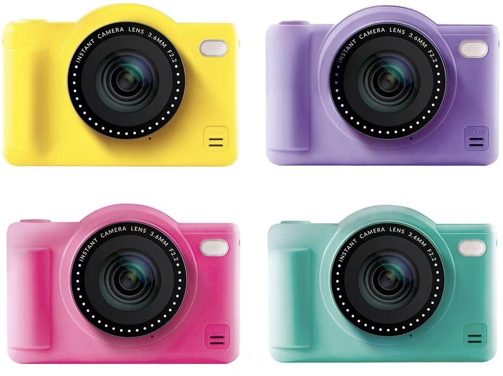 Cámara Pop Colour en sus cuatro colores: amarillo, violeta, rosado y turquesa