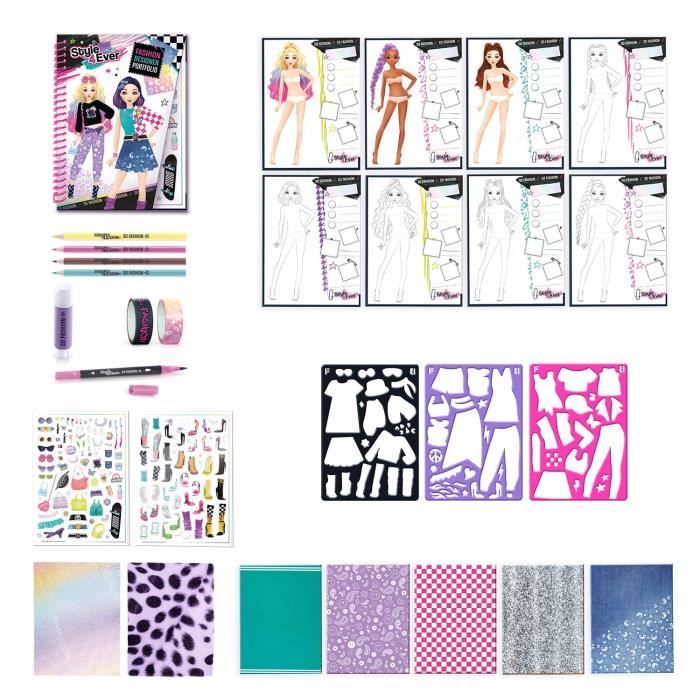 Contenido del portafolio: figuras para vestir, lápices, stickers, plantillas y telas estampadas