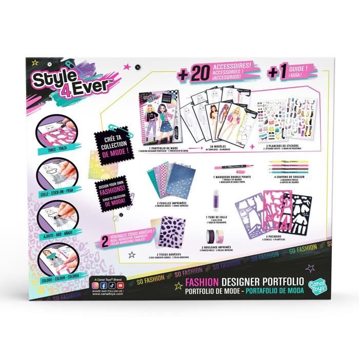 Reverso de la caja Fashion Designer Portfolio con los pasos para crear una colección