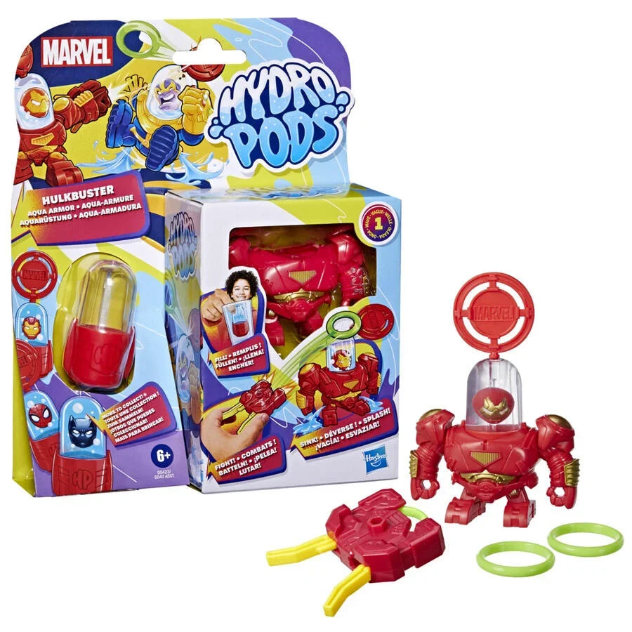 Hydro Pods Marvel Aqua Armor Hulkbuster con empaque, lanzador y discos