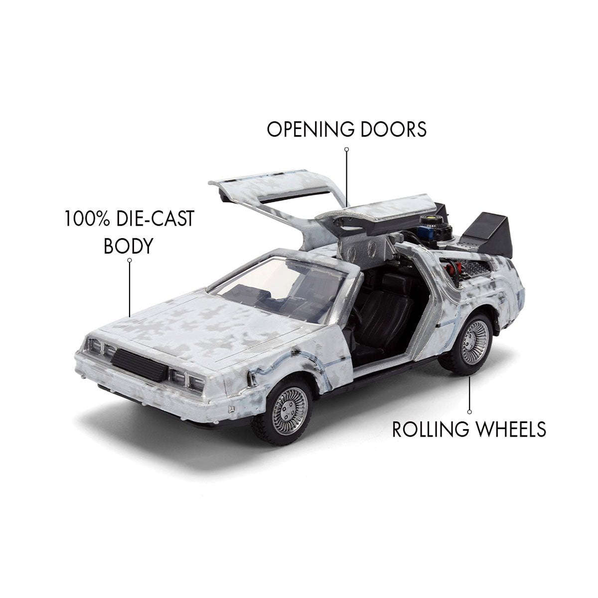 DeLorean 1:32 de metal con puertas ala de gaviota y ruedas libres