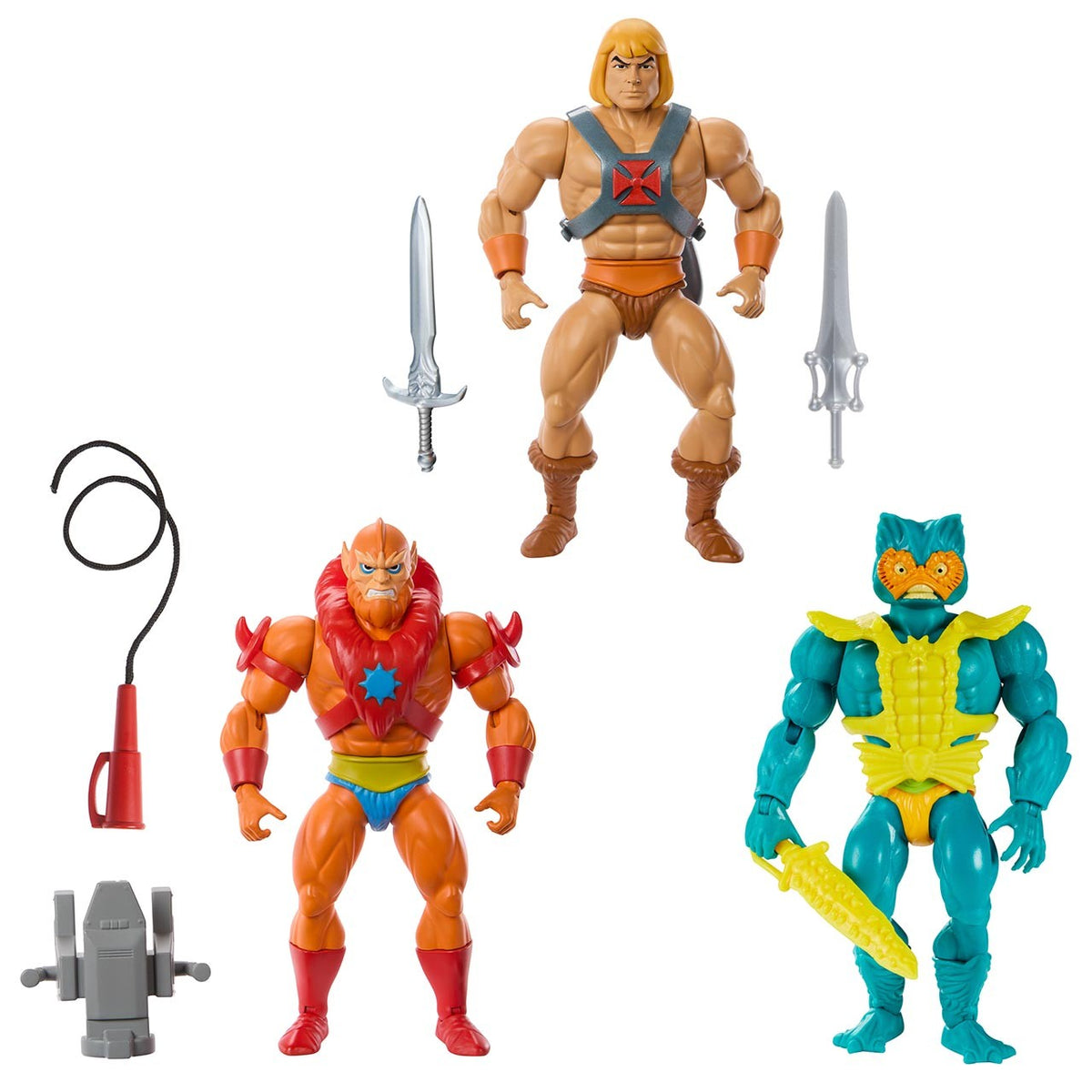 Surtido figuras Masters of the Universe Origins: He-Man, Beast Man y Mer-Man con sus accesorios